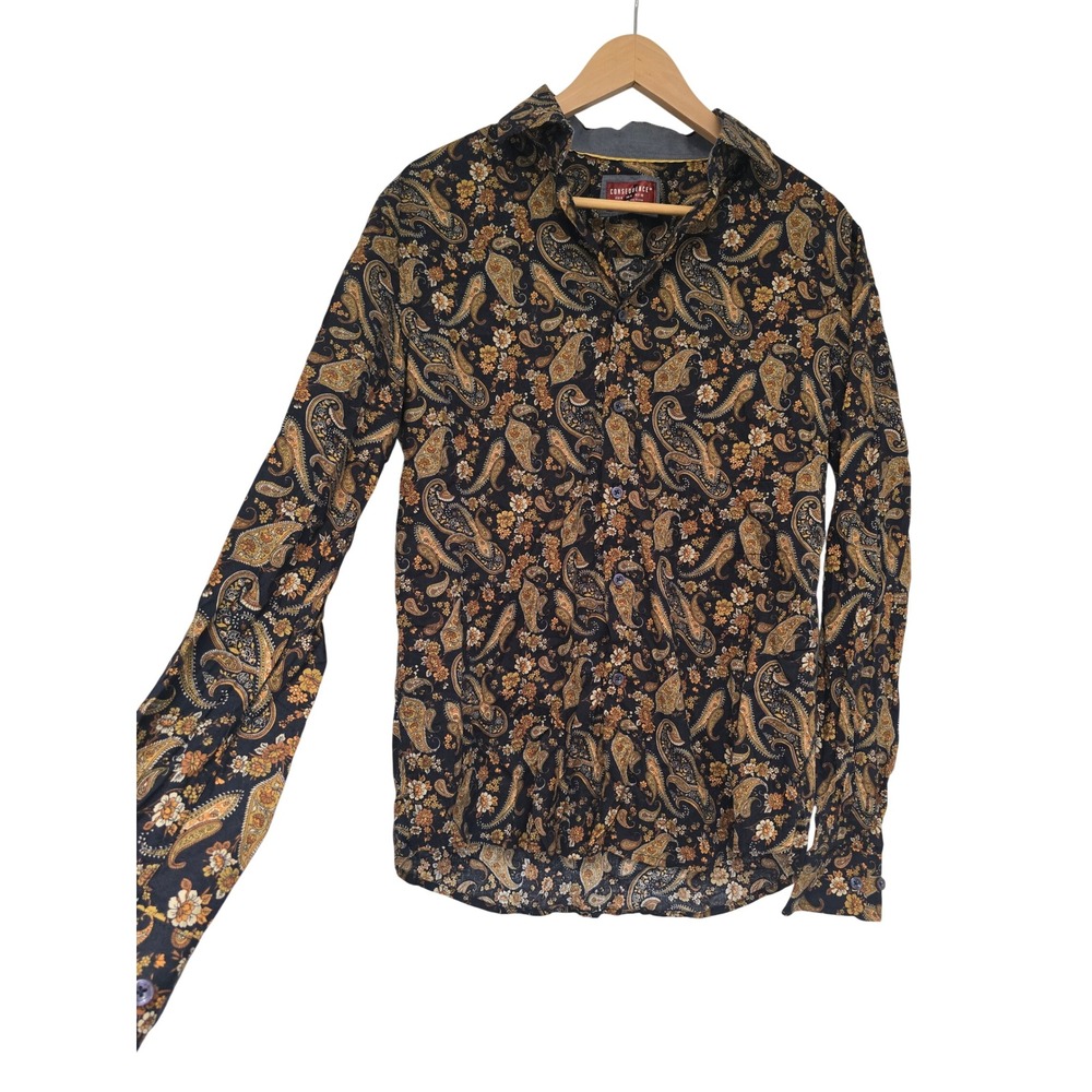 Consequence Mens Medium Paisley Floral Button Down Shirt Black Orange Long Slv